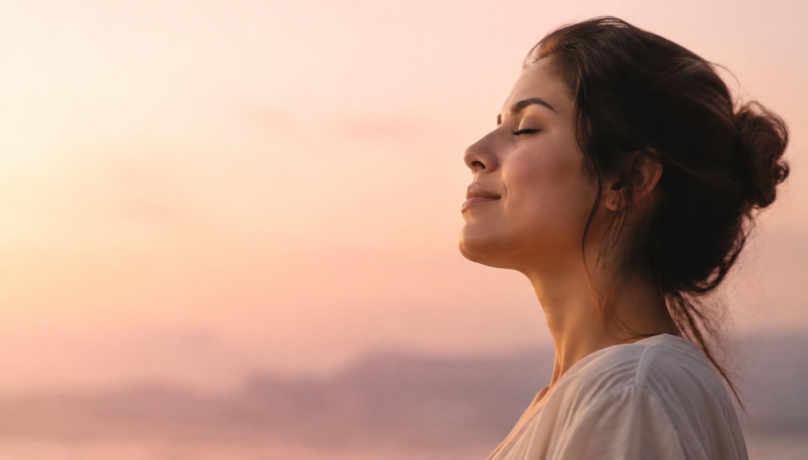 Mulher de olhos fechados em oração, voltada para a luz do amanhecer